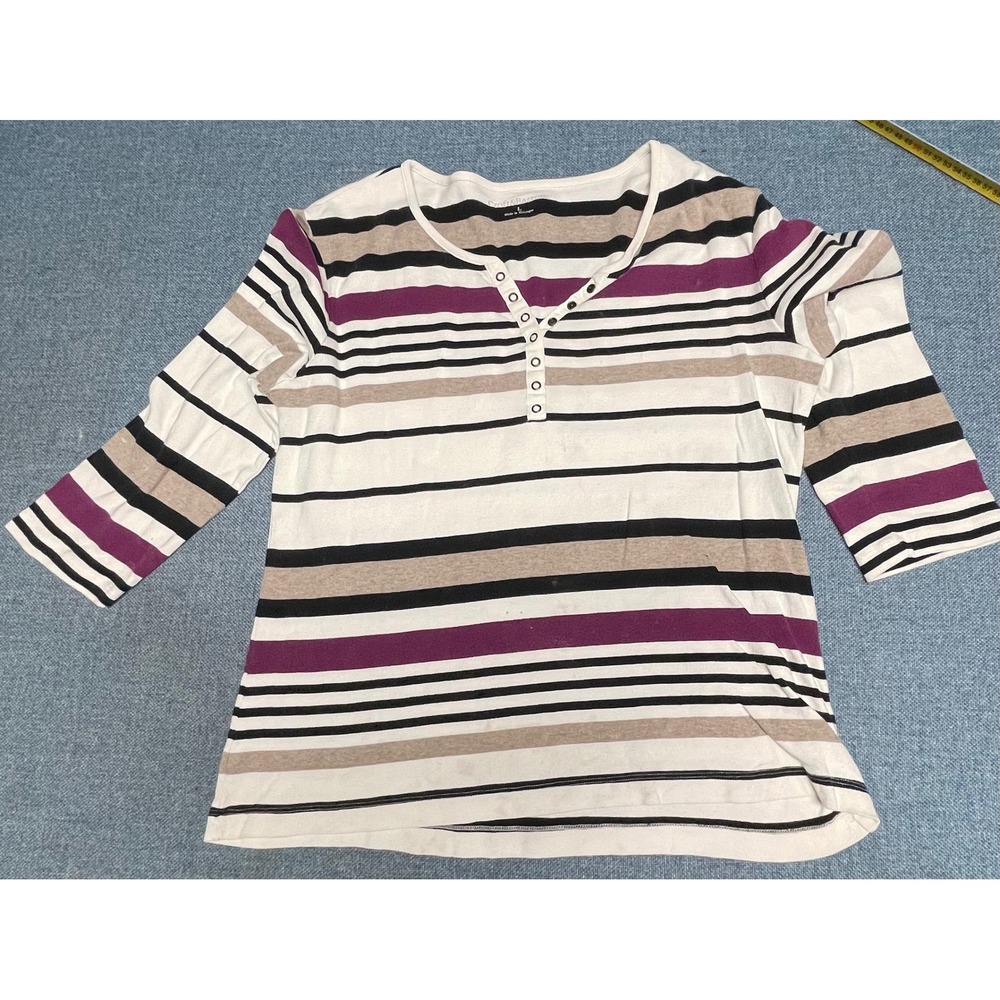 Croft & Barrow Womens Large Striped Henley Top 3/4 Sleeve Purple Black White